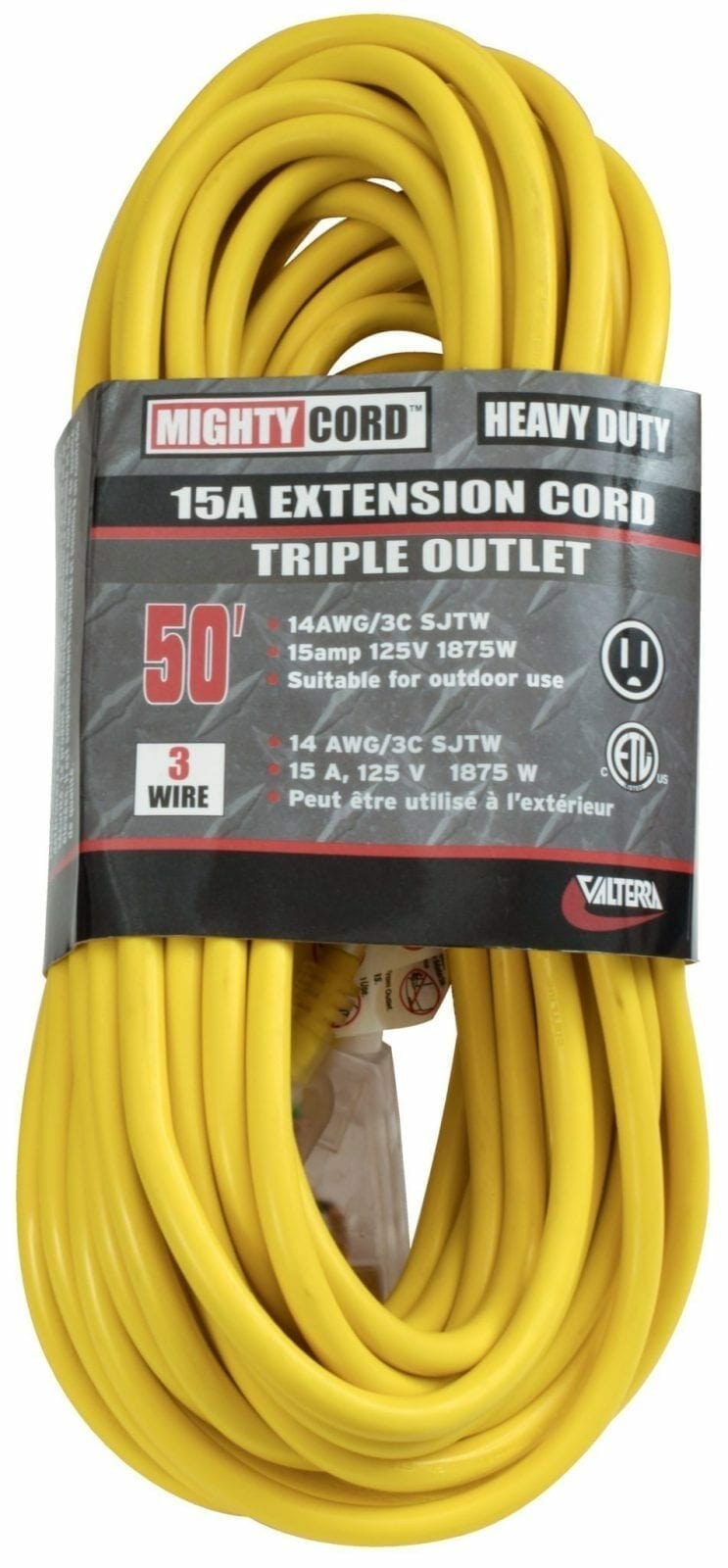 Valterra Extension Cord, Mighty Cord ™, 125 Volt Extension Cord, 3 Prong LED Lighted Ends, Triple Outlet, 15 Amp, 14 Gauge, 3 Wire – A10-5014TTE