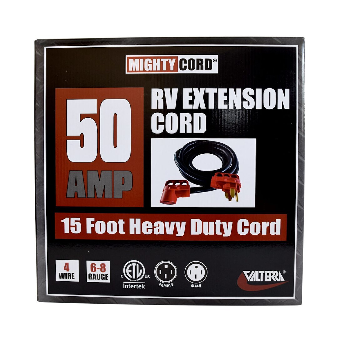 Valterra Extension Cord, Mighty Cord ™, 125/ 250 Volt Extension Cord, 4-Prong, 50 Ampere, 6 to 8 Gauge Four Wire, 15 Foot Length, Black – A10-5015EH