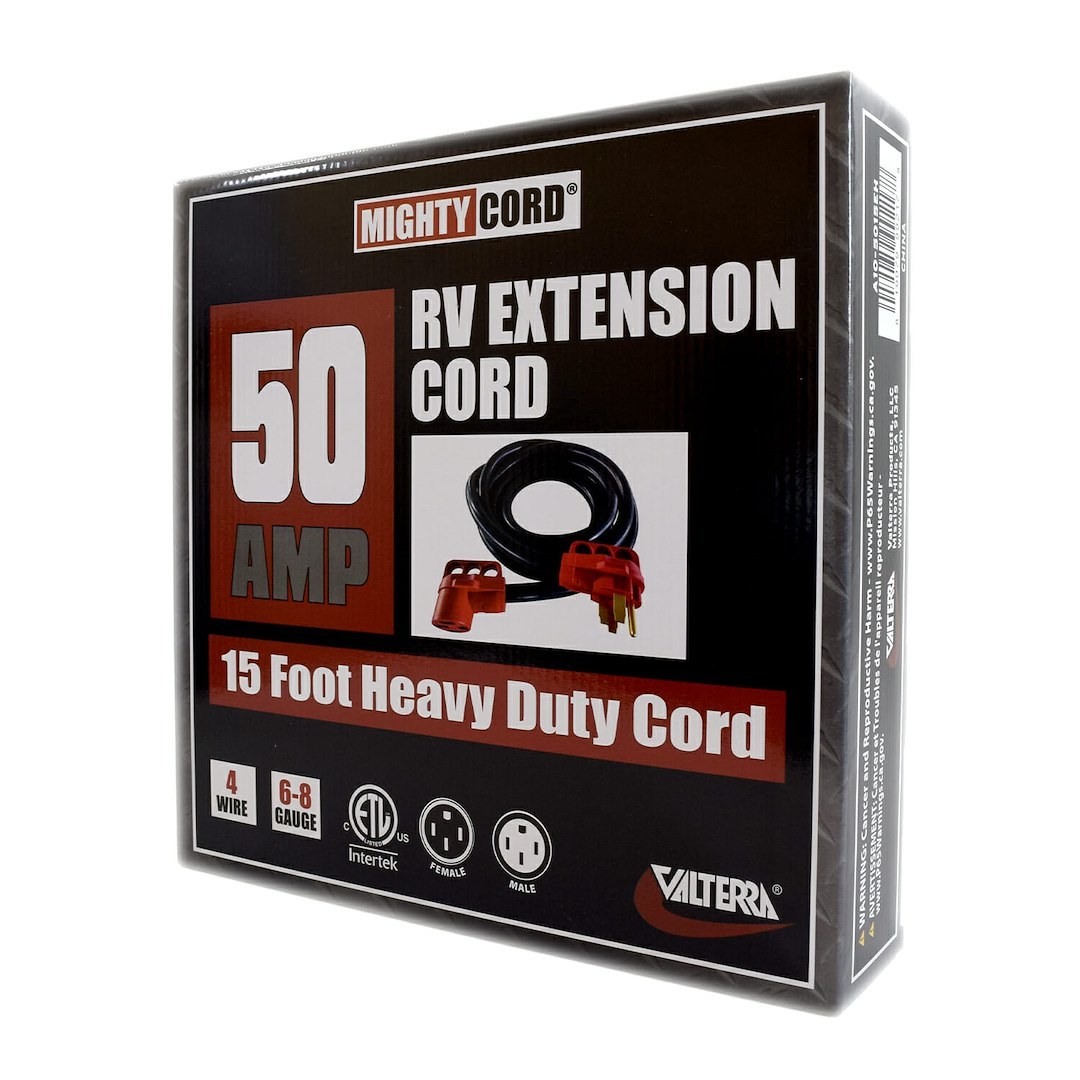 Valterra Extension Cord, Mighty Cord ™, 125/ 250 Volt Extension Cord, 4-Prong, 50 Ampere, 6 to 8 Gauge Four Wire, 15 Foot Length, Black – A10-5015EH