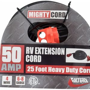 Valterra Extension Cord, Mighty Cord ™, 125/ 250 Volt Extension Cord, 4-Prong, 50 Ampere, 6 to 8 Gauge Four Wire, 25 Foot Length, Black – A10-5025EH