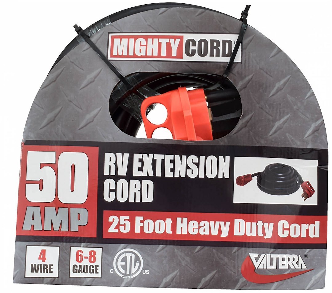 Valterra Extension Cord, Mighty Cord ™, 125/ 250 Volt Extension Cord, 4-Prong, 50 Ampere, 6 to 8 Gauge Four Wire, 25 Foot Length, Black – A10-5025EH