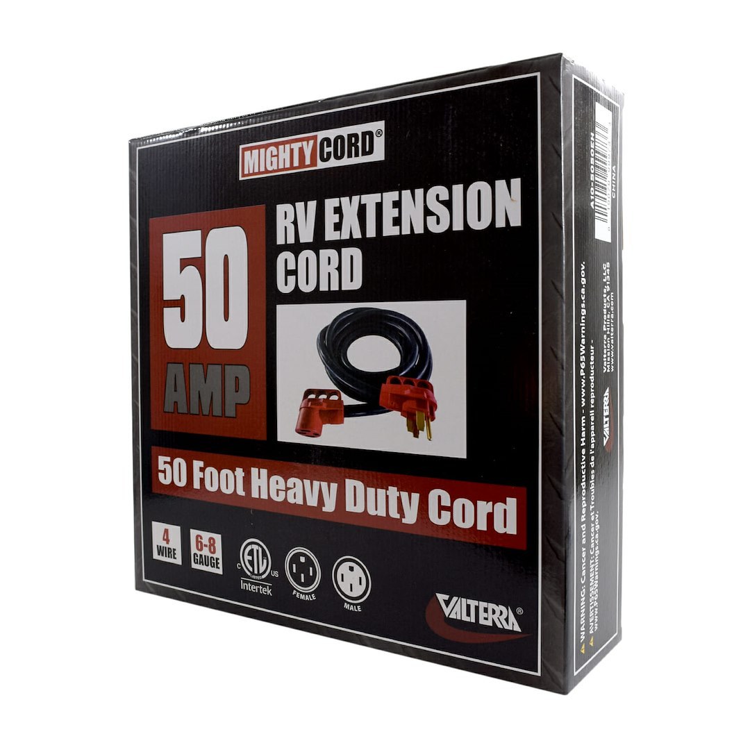 Valterra Extension Cord, Mighty Cord ™, 125/ 250 Volt Extension Cord, 4-Prong, 50 Ampere, 6 to 8 Gauge Four Wire, 50 Foot Length, Black – A10-5050EH
