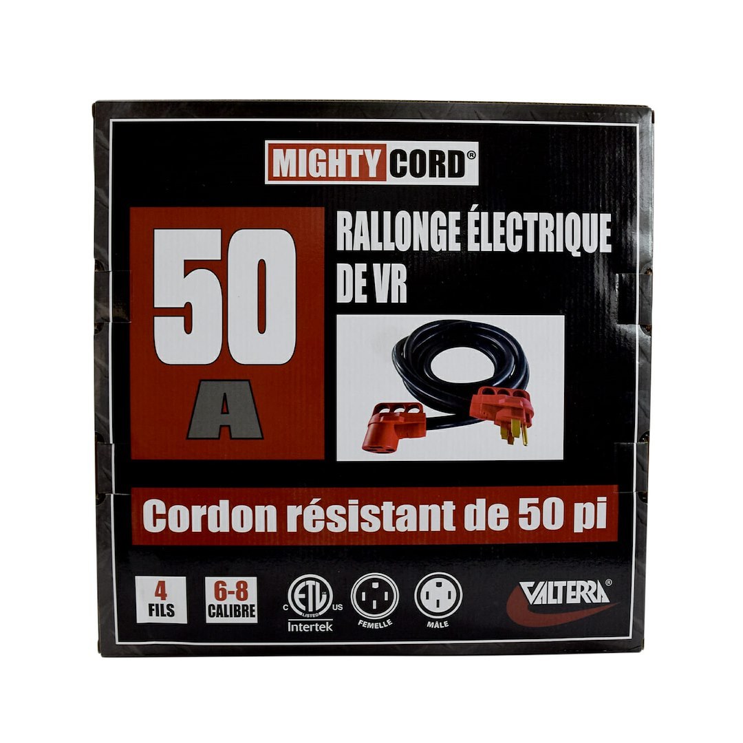 Valterra Extension Cord, Mighty Cord ™, 125/ 250 Volt Extension Cord, 4-Prong, 50 Ampere, 6 to 8 Gauge Four Wire, 50 Foot Length, Black – A10-5050EH