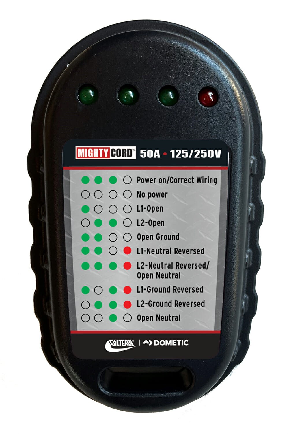 Valterra Circuit Tester, Mighty Cord ™, With Fault Indicator Lights, 50 Amp Outlet, 125 Volt/ 250 Volt AC – A10-50CTVP