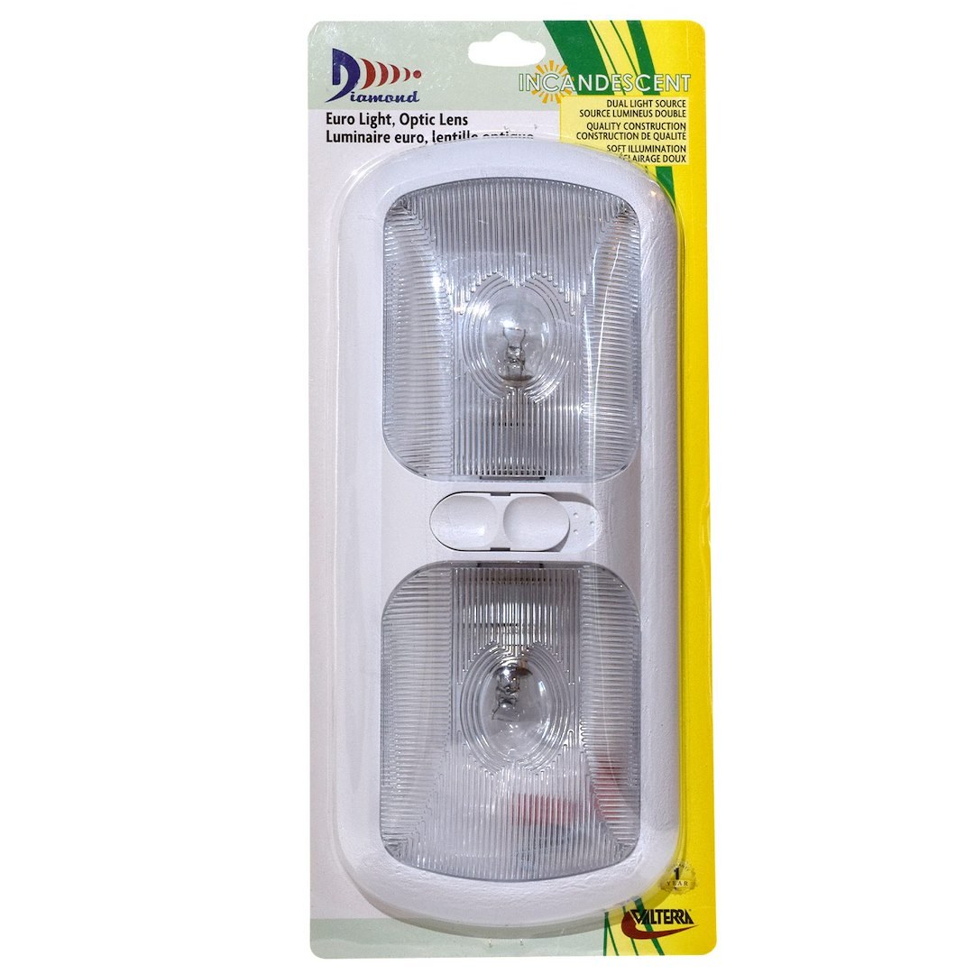 Valterra Dome Light, Diamond Group, Double Euro Style Light, Clear Lens, 40 Watt 1141 Incandescent Bulb, White Base, With 3-WAY Switch – DG71251VP