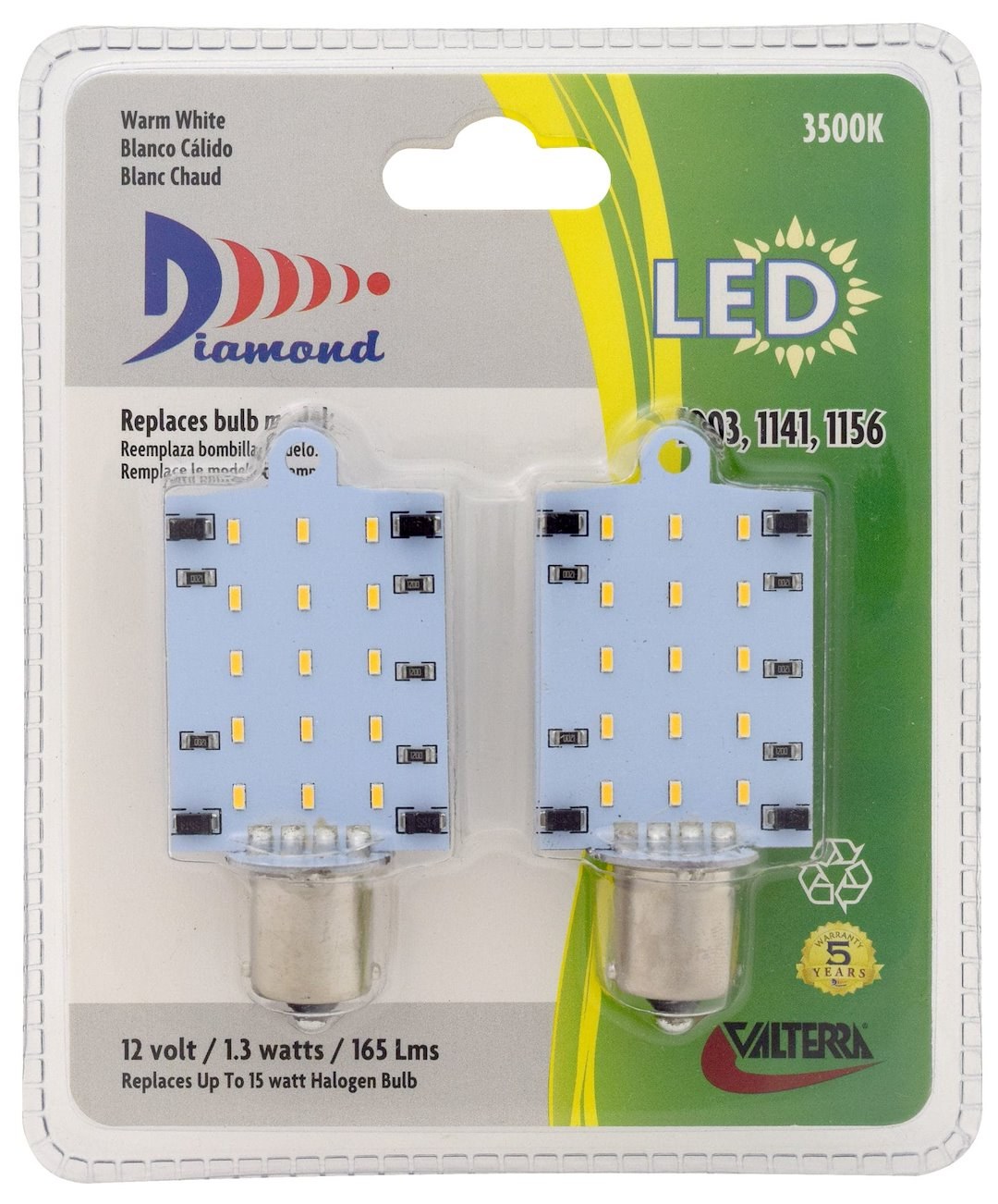 Valterra Multi Purpose Light Bulb – LED, Diamond Group, Replacement for 1141/ 1156 Bulbs, LED Flat Bulb, Warm/ Soft White – DG726021VP