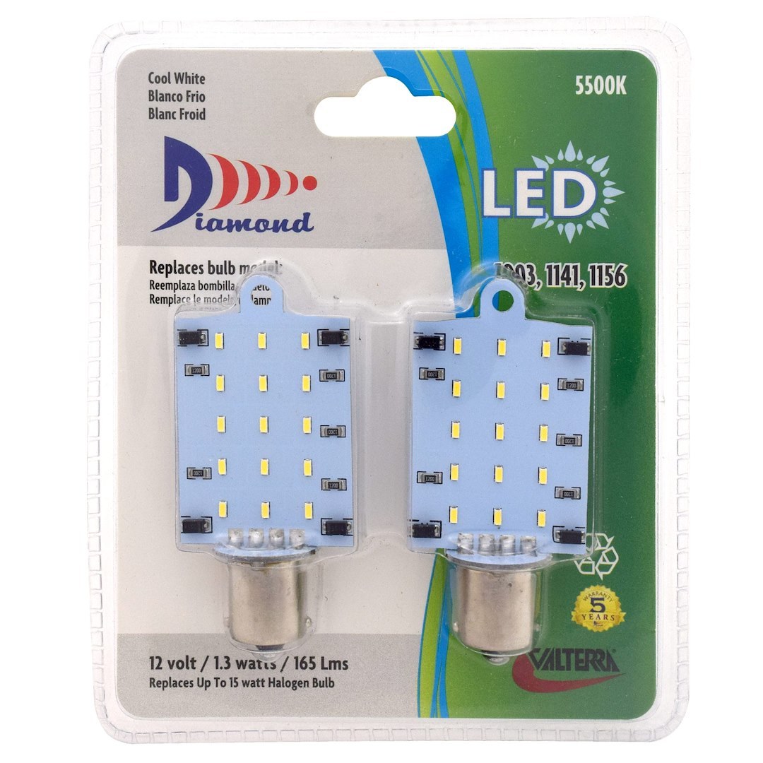 Valterra Multi Purpose Light Bulb – LED, Diamond Group, Replacement for 1141/ 1156 Bulbs, LED Flat Bulb, Daylight/ Bright White – DG72602VP