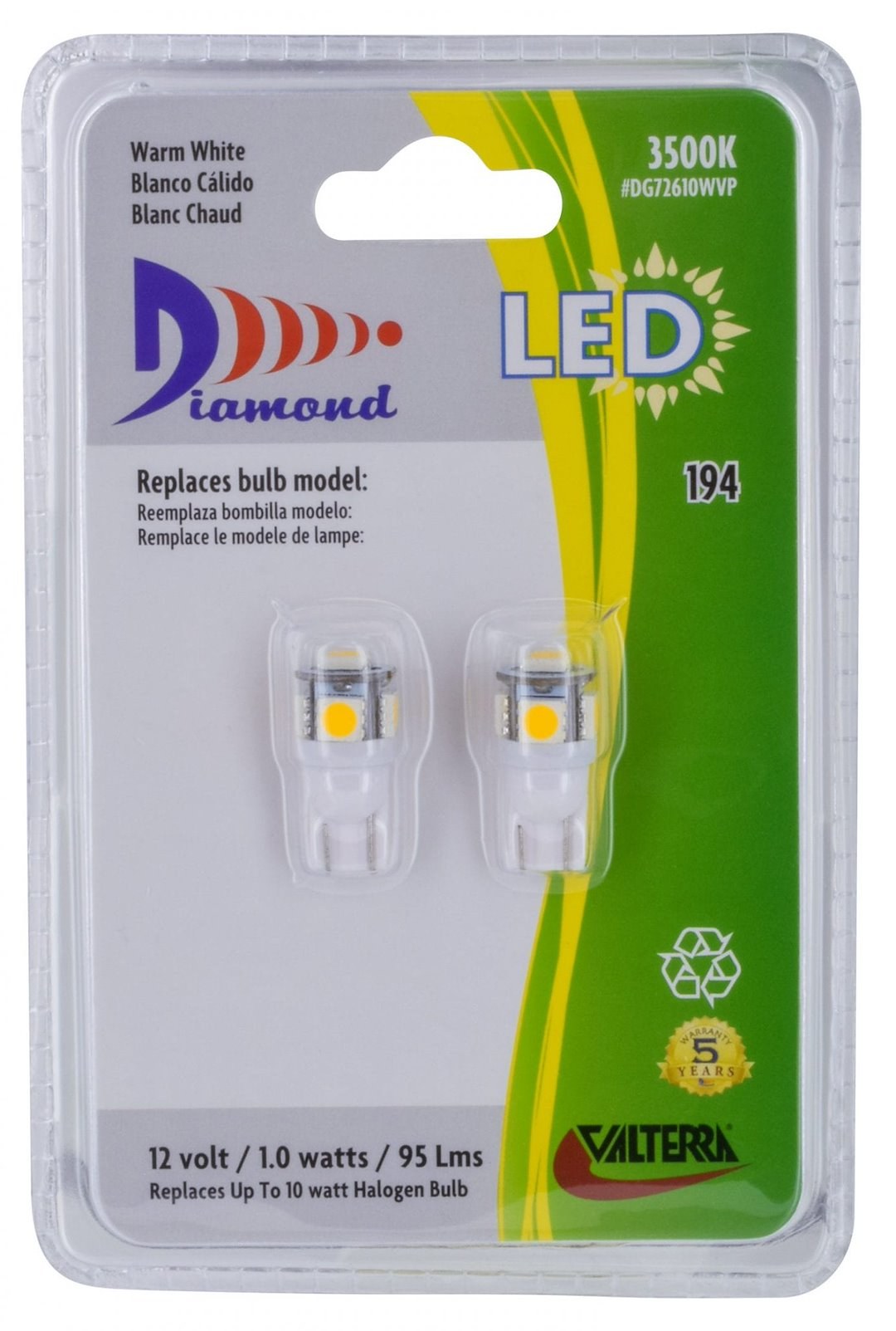 Valterra Multi Purpose Light Bulb – LED, Diamond Group, Replacement for 194 Bulbs, LED Tower Bulb, Warm/ Soft White – DG72610WVP