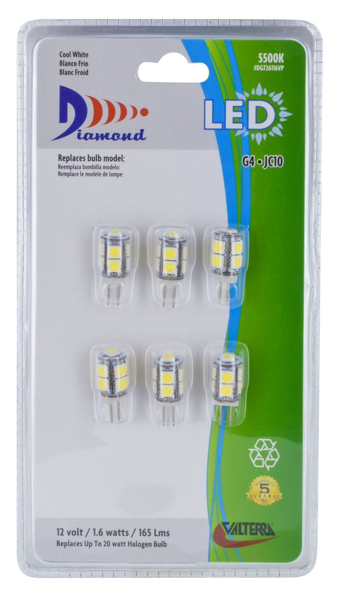 Valterra Multi Purpose Light Bulb – LED, Diamond Group, Replacement for JC10 Bulb, Bright White, Pack of 6 – DG726116VP