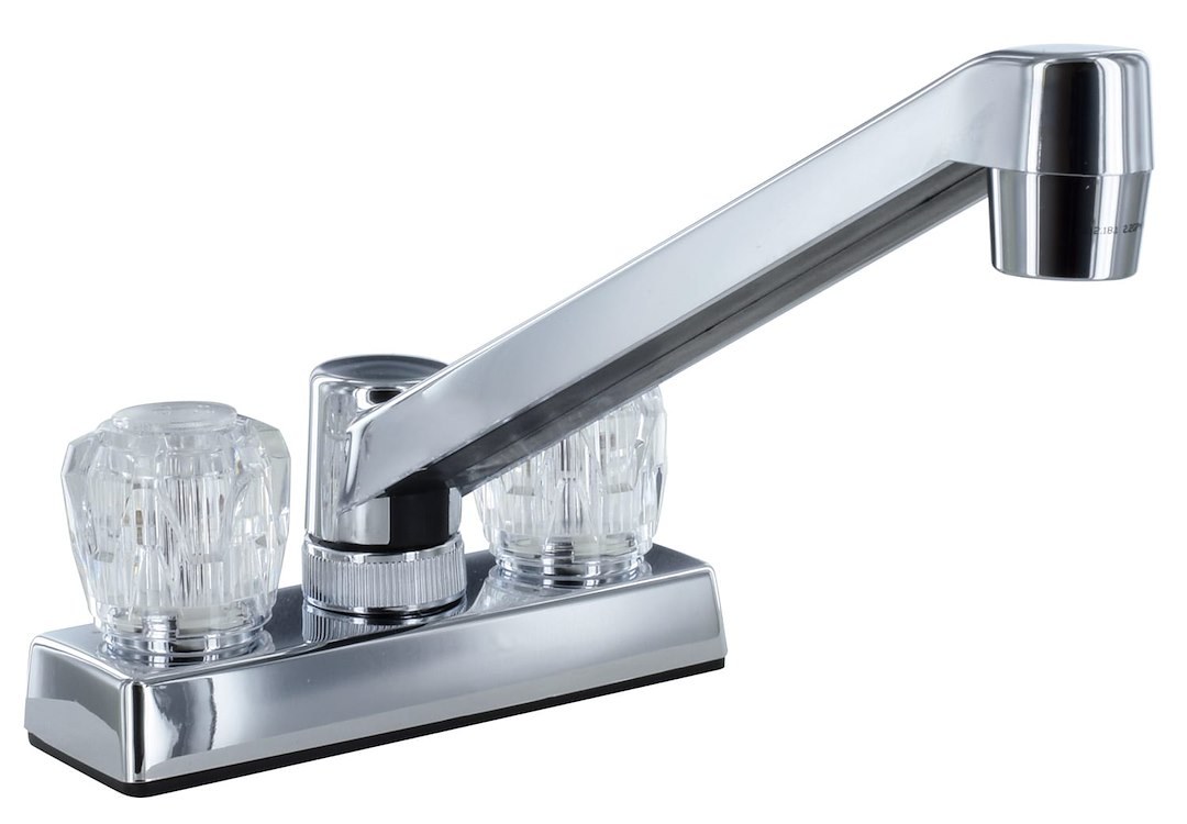 Valterra Faucet, Used for Kitchen, Single Piece 4 Inch Bar Deck Mount, 8 Inch D-Spout, 2 Clear Crystal Acrylic Knob Handle – PF211305