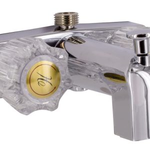 Valterra Faucet, Used for Bathtub, Single Piece 4 Inch Wall Mount with Tub/ Shower Diverter, 2 Clear Crystal Acrylic Knob Handle – PF213332