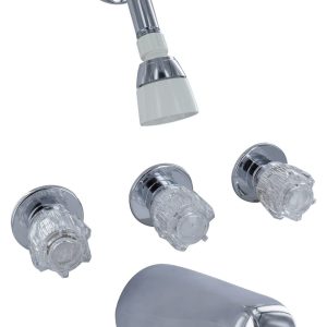 Valterra Faucet, Use for Bathtub, Four Piece 8 Inch Wall Mount with Tub/ Shower Diverter Valve, 3 Clear Crystal Acrylic Knob Handle – PF214307