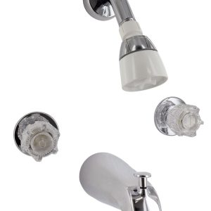 Valterra Faucet, Use for Bathtub, Three Piece 8 Inch Wall Mount with Tub/ Shower Diverter, 2 Clear Crystal Acrylic Knob Handle – PF214311