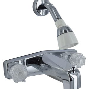 Valterra Faucet, Used for Bathtub, Single Piece 8 Inch Wall Mount with Tub/ Shower Diverter, 2 Clear Crystal Acrylic Knob Handle – PF214349