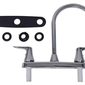 Valterra Faucet, Catalina, Used for Kitchen, Single Piece 8 Inch Deck Mount, 9 Inch Hi-Arc Spout, 2 Polished Chrome Plated Lever Handles – PF221305