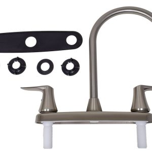Valterra Faucet, Catalina, Used for Kitchen, Single Piece 8 Inch Deck Mount, 9 Inch Hi-Arc Spout, 2 Brushed Nickel Plated Lever Handles – PF221403