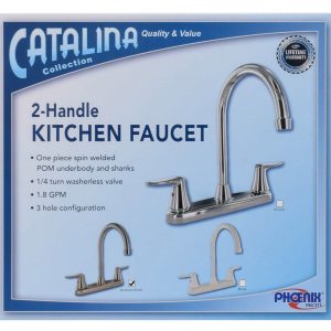 Valterra Faucet, Catalina, Used for Kitchen, Single Piece 8 Inch Deck Mount, 9 Inch Hi-Arc Spout, 2 Brushed Nickel Plated Lever Handles – PF221403