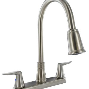 Valterra Faucet, Catalina, Used for Kitchen, Single Piece 8 Inch Deck Mount, 59 Inch Length Pull Down Spout, 2 Brushed Nickel Lever Handles – PF221404