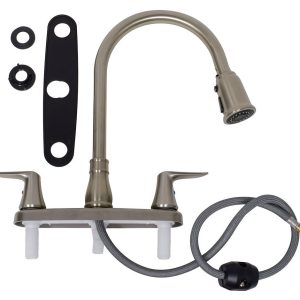 Valterra Faucet, Catalina, Used for Kitchen, Single Piece 8 Inch Deck Mount, 59 Inch Length Pull Down Spout, 2 Brushed Nickel Lever Handles – PF221404