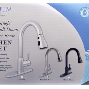Valterra Faucet, Premium, Use for Kitchen, 8 Inch Deck Mount, Slimline Hi-Arc Spout with Power Boost Pull Down Sprayer, Single Lever Handle – PF231466