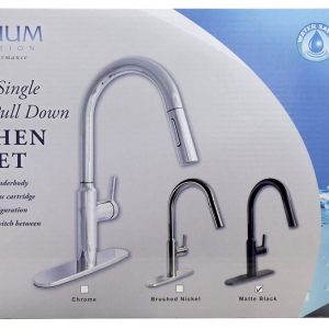Valterra Faucet, Premium, Use for Kitchen, 8 Inch Deck Mount, Slimline Hi-Arc Spout with Pull Down Sprayer, Single Lever Handle – PF231765