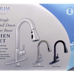 Valterra Faucet, Premium, Use for Kitchen, 8 Inch Deck Mount, Slimline Hi-Arc Spout with Power Boost Pull Down Sprayer, Single Lever Handle – PF231766
