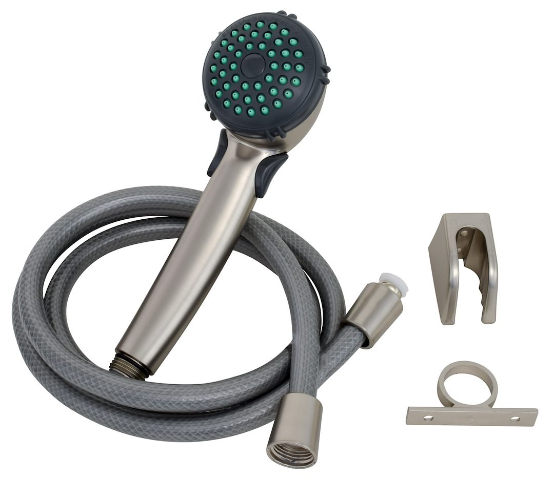 Valterra Shower Head, Hand-Held with 60 Inch Vinyl Hose, With Single Function Spray Setting, With Trickle Shut-Off, Brushed Nickel Plated – PF276044
