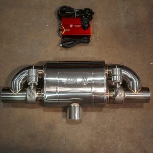 Valvetronic Exhaust Muffler, 11-1/2 Inch Width X 7 Inch Height Oval T304 Stainless Steel Case, T-Style, Single 3 Inch Inlet – UVM.76MM.TSTYLE.X1