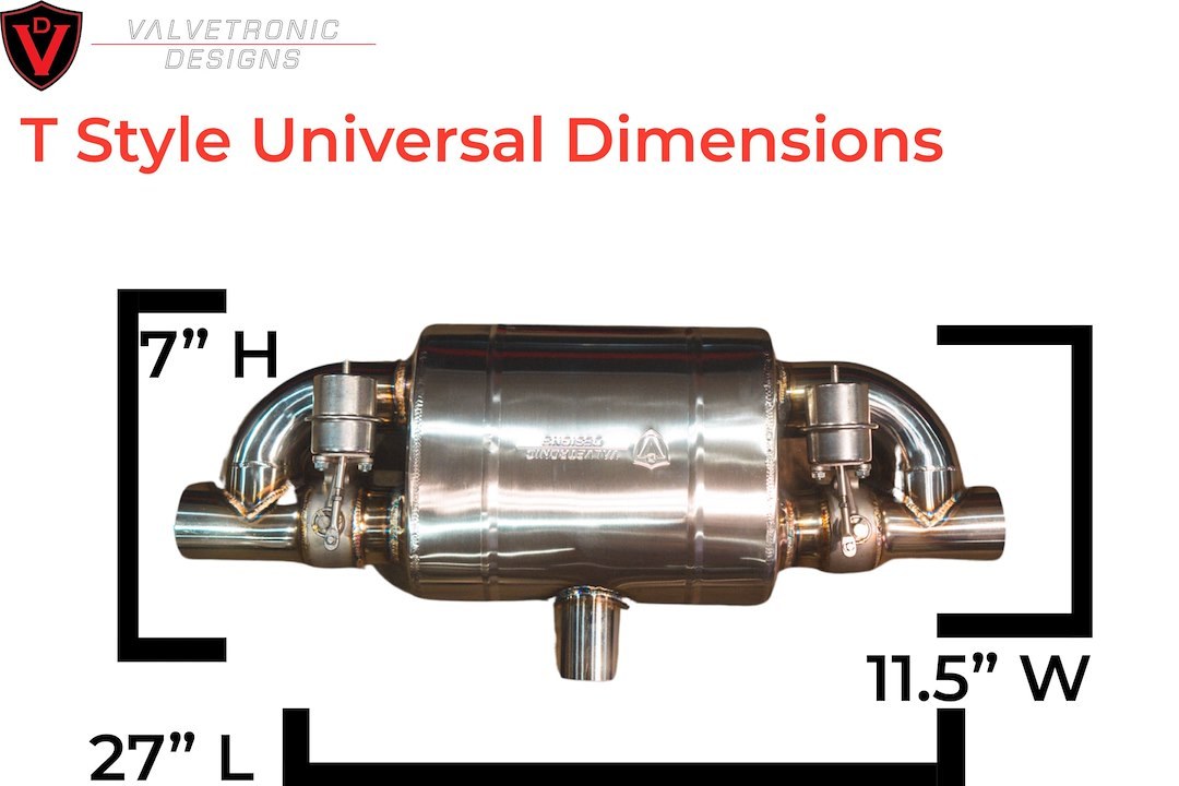 Valvetronic Exhaust Muffler, 11-1/2 Inch Width X 7 Inch Height Oval T304 Stainless Steel Case, T-Style, Single 3 Inch Inlet – UVM.76MM.TSTYLE.X1