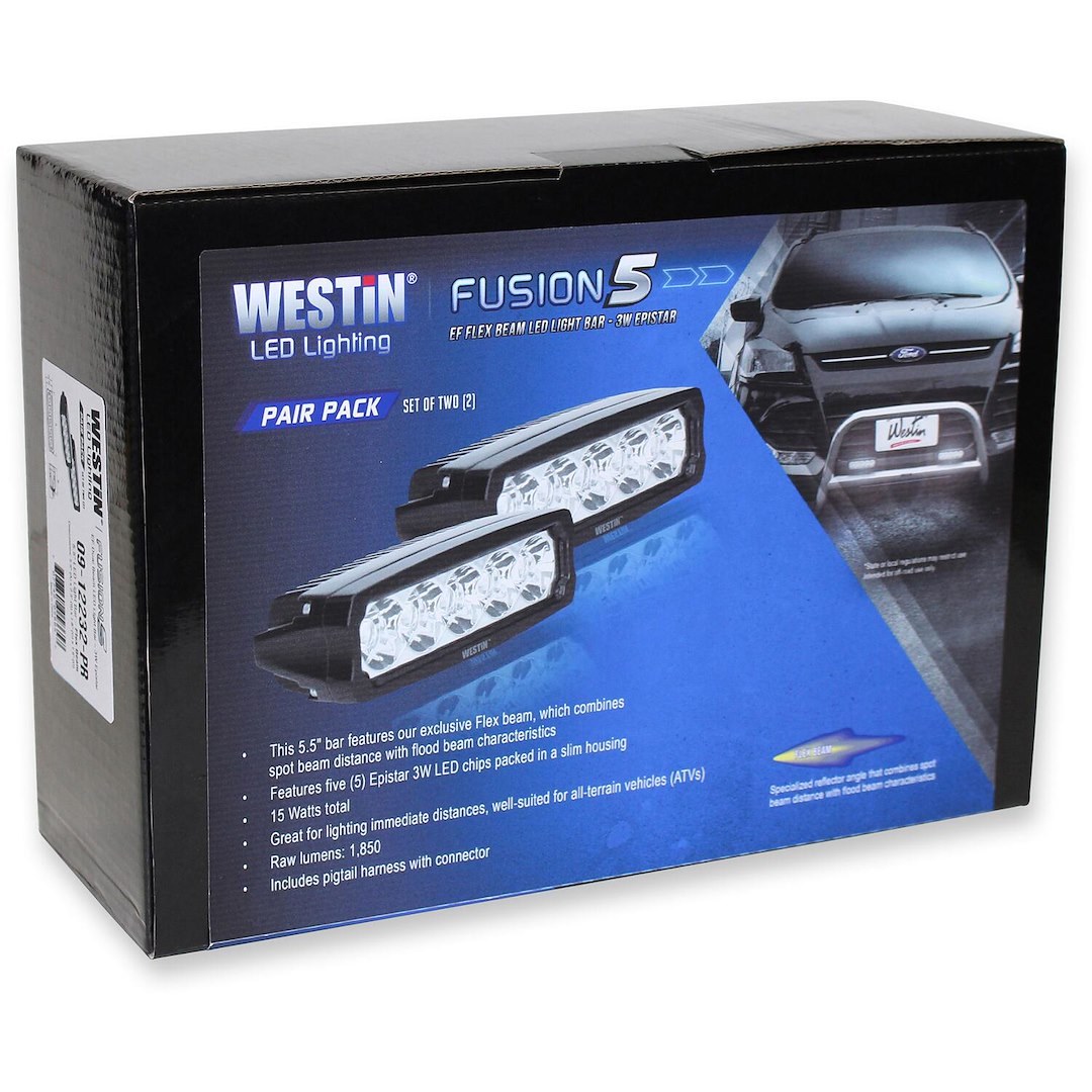 Westin Light Bar, LED, 5-1/2 Inch Length, 5 White Epistar 3 Watt Bulb, 15 Watt/ 0.54 Amp Draw, Flex Beam, 1850 Raw Lumens, Clear Lens – 09-12232-PR