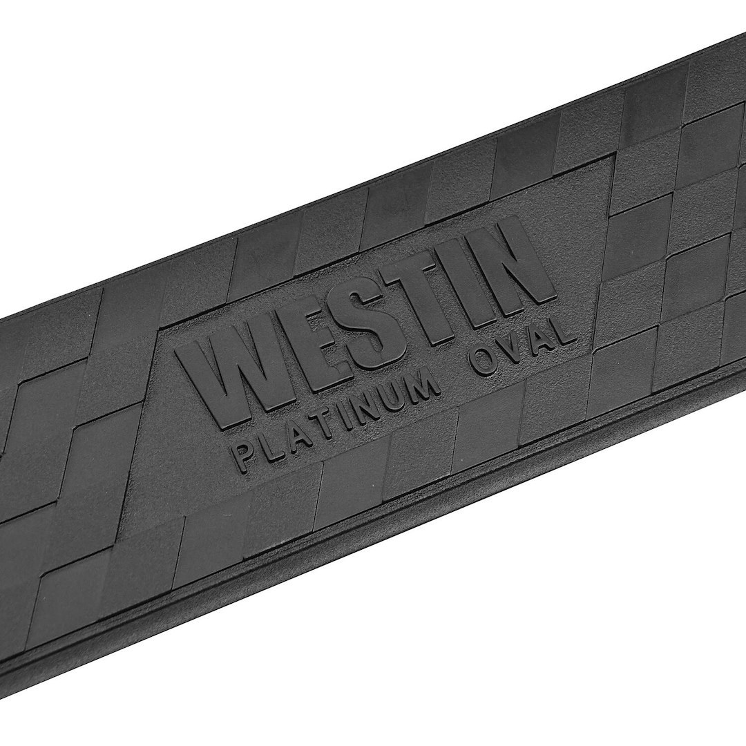 Westin Nerf Bar, Platinum, With Step Pads, 4 Inch Oval Bent, Powder Coated, Black, Steel, Without End Caps, Rocker Panel Mount – 21-4065
