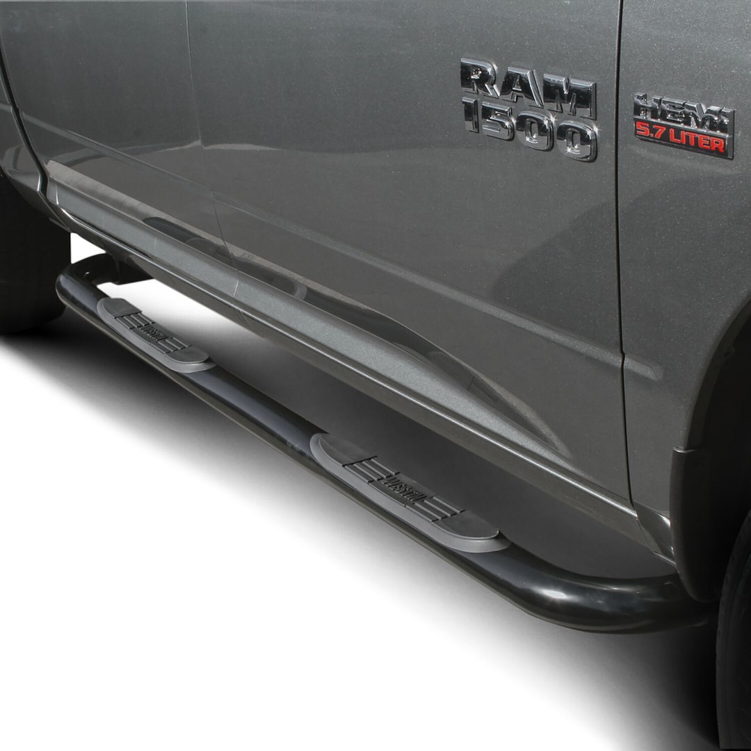 Westin Nerf Bar, E-Series, With Step Pads, 3 Inch Round Bent, Powder Coated, Black, Mild Steel, Without End Caps, Rocker Panel Mount – 23-3565