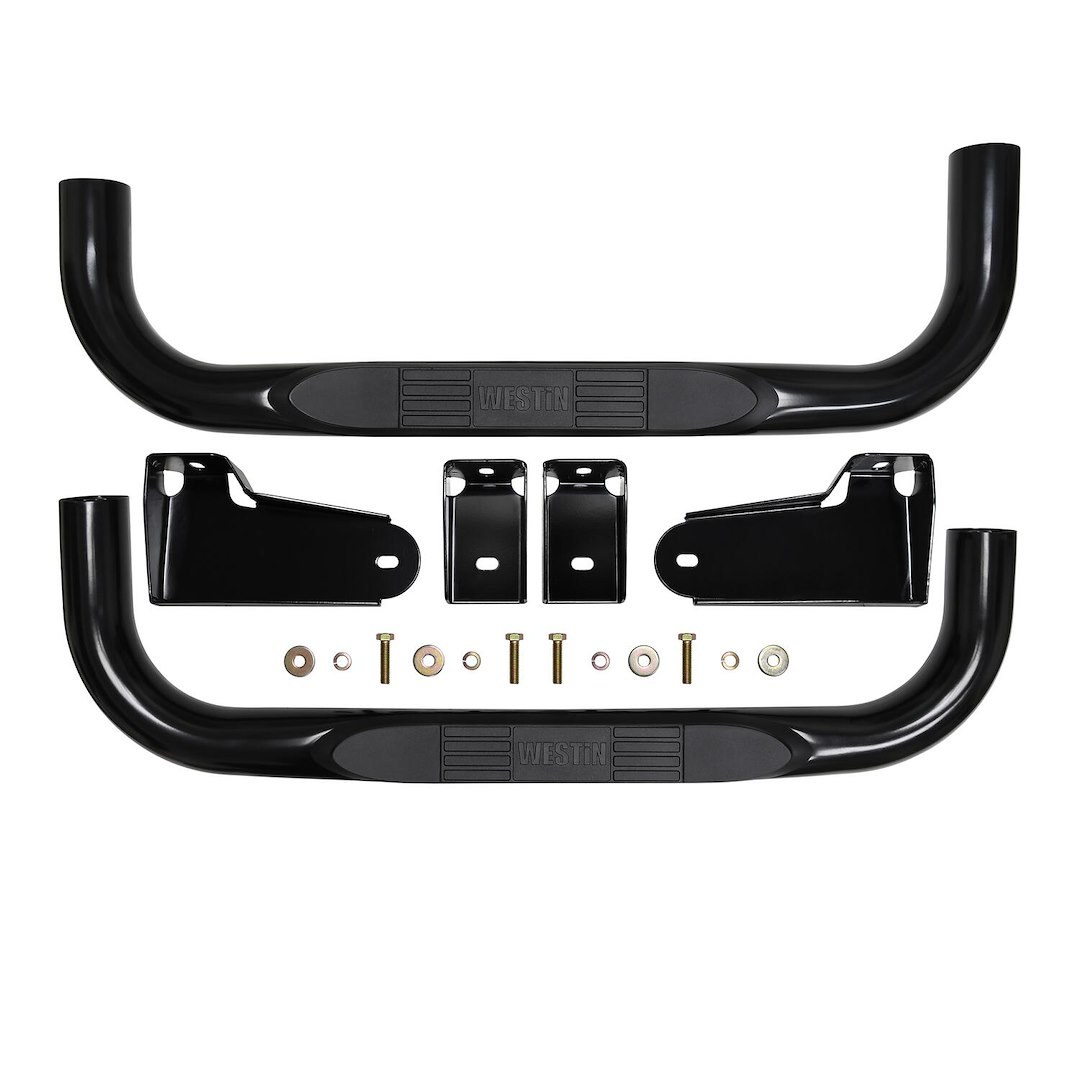 Westin Nerf Bar, E-Series, With Step Pads, 3 Inch Round Bent, Powder Coated, Black, Steel, Without End Caps, Body Mount – 23-4115