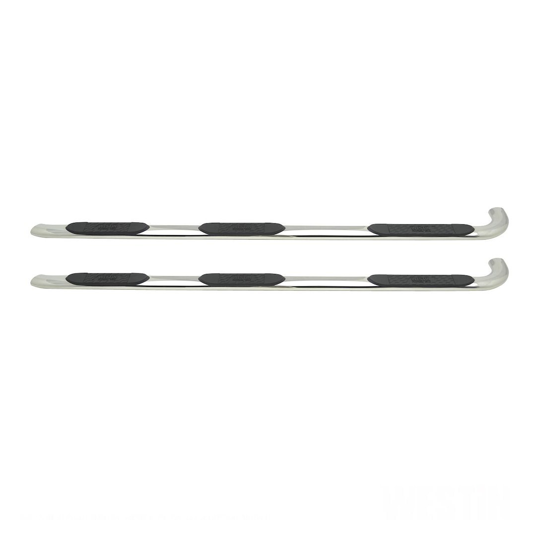 Westin Nerf Bar – Truck Wheel to Wheel, Platinum, With Step Pads, With Bed Step, 4 Inch Oval Bent, Polished, Stainless Steel – 24-54590