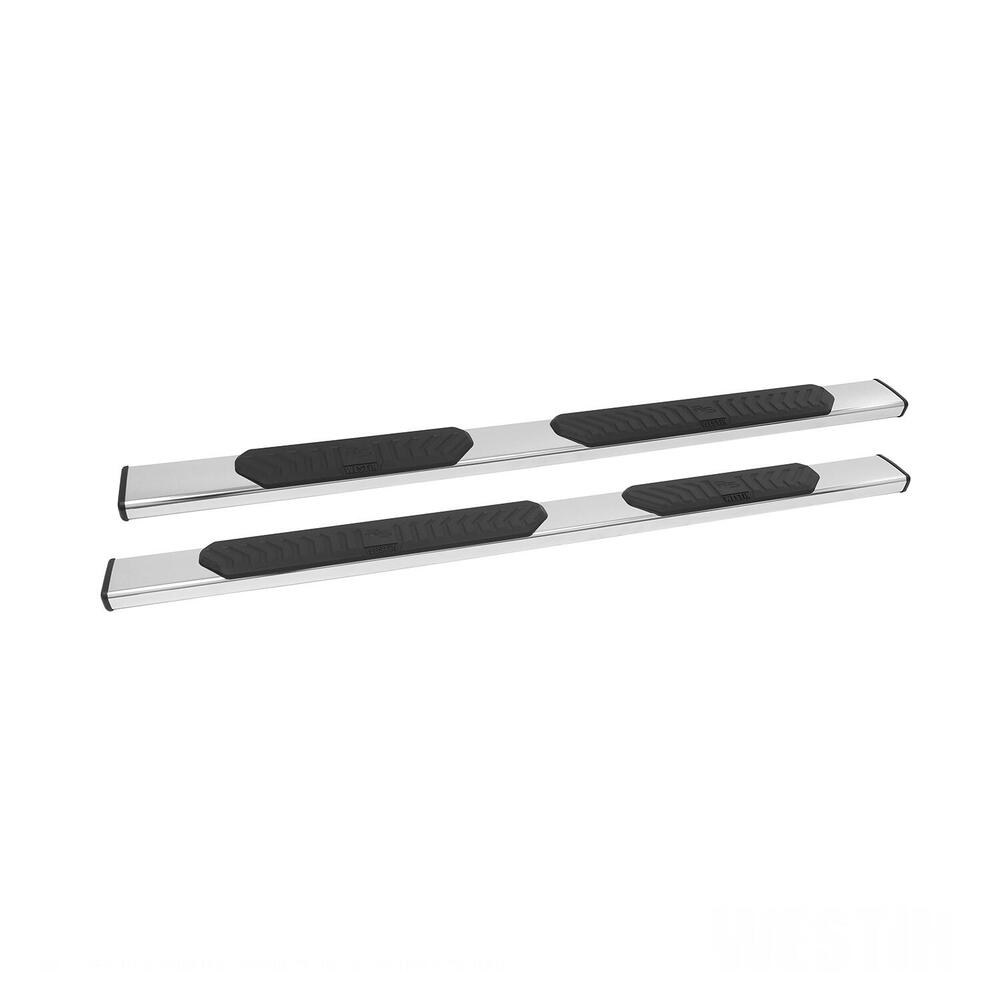 Westin Nerf Bar, R5 Series, With Step Pads, 5 Inch Rectangular Straight, Polished, Stainless Steel, With Black End Caps, Rocker Panel Mount – 28-51090