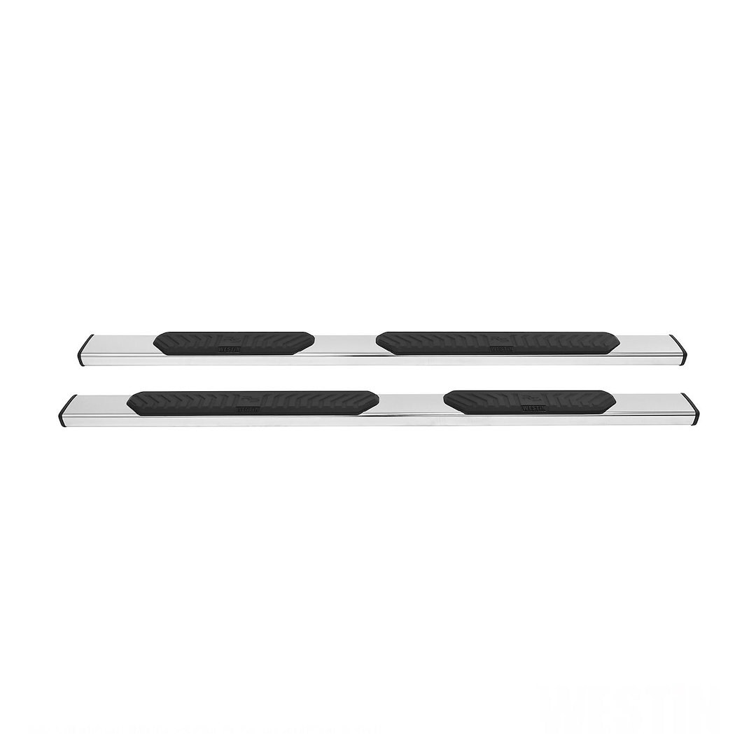 Westin Nerf Bar, R5 Series, With Step Pads, 5 Inch Oval Straight, Polished, Stainless Steel, With Black End Caps, Rocker Panel Mount – 28-51170
