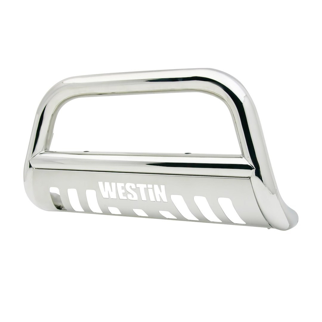 Westin Bull Bar, E-Series, Polished, Stainless Steel, 3 Inch Diameter, With Brushed Aluminum Skid Plate, With Light Mounting Tabs – 31-6000