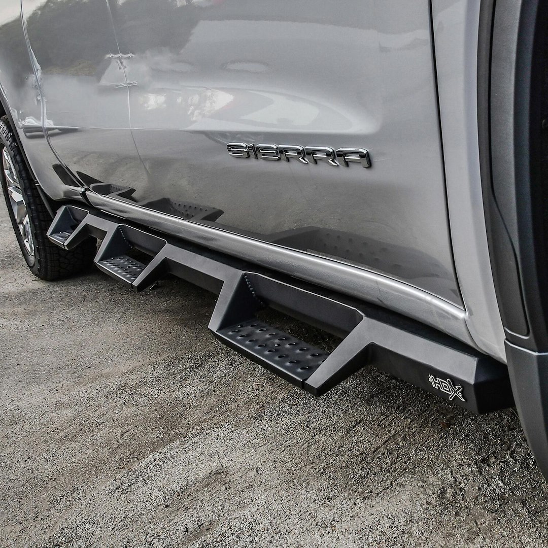 Westin Nerf Bar – Truck Wheel to Wheel, Hdx, With Drop Down Steps, With Bed Step, 3 Inch Square Straight, Powder Coated, Black, Mild Steel – 56-534695
