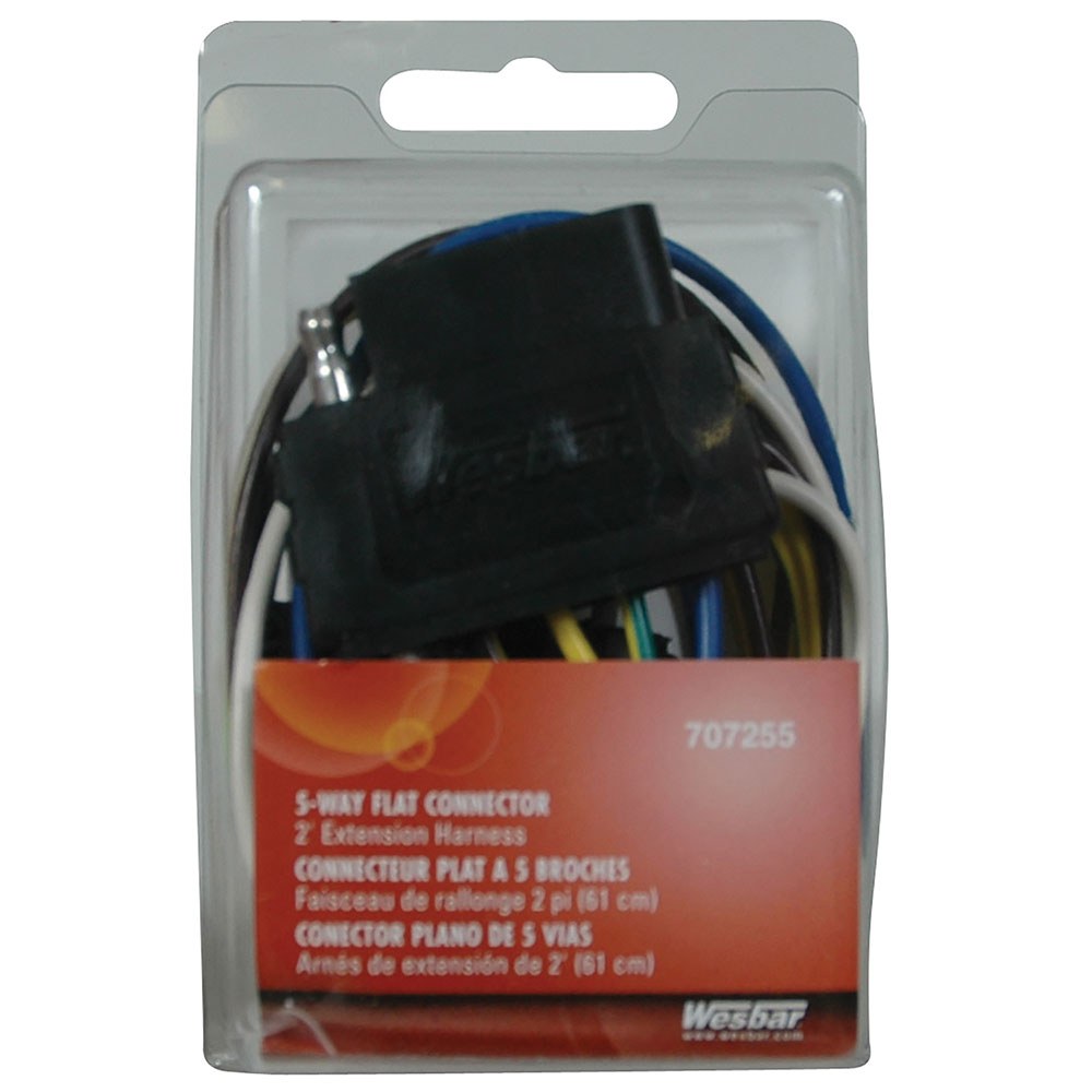 Wesbar Trailer Wiring Connector, Double Sided, 5-WAY Flat Car/ Trailer Side Extension Style Wiring Harness, 2 Foot Length – 707255