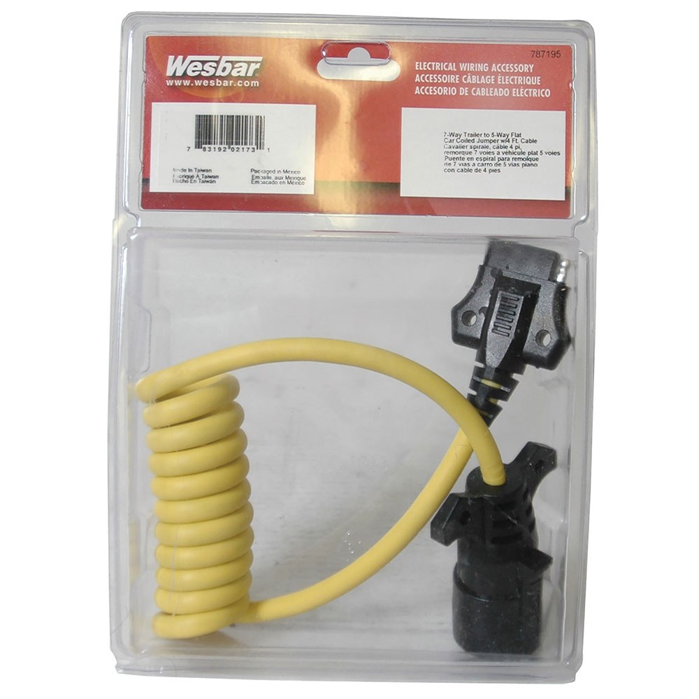 Wesbar Trailer Wiring Connector Adapter, 7-WAY Blade to 5 Flat, 4 Foot Coiled Wire – 787195