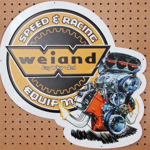 Weiand Sign, 20 Inch X 20 Inch, Retro Weiand Design, White/ Black/ Orange, Stamped Metal – 10001WND