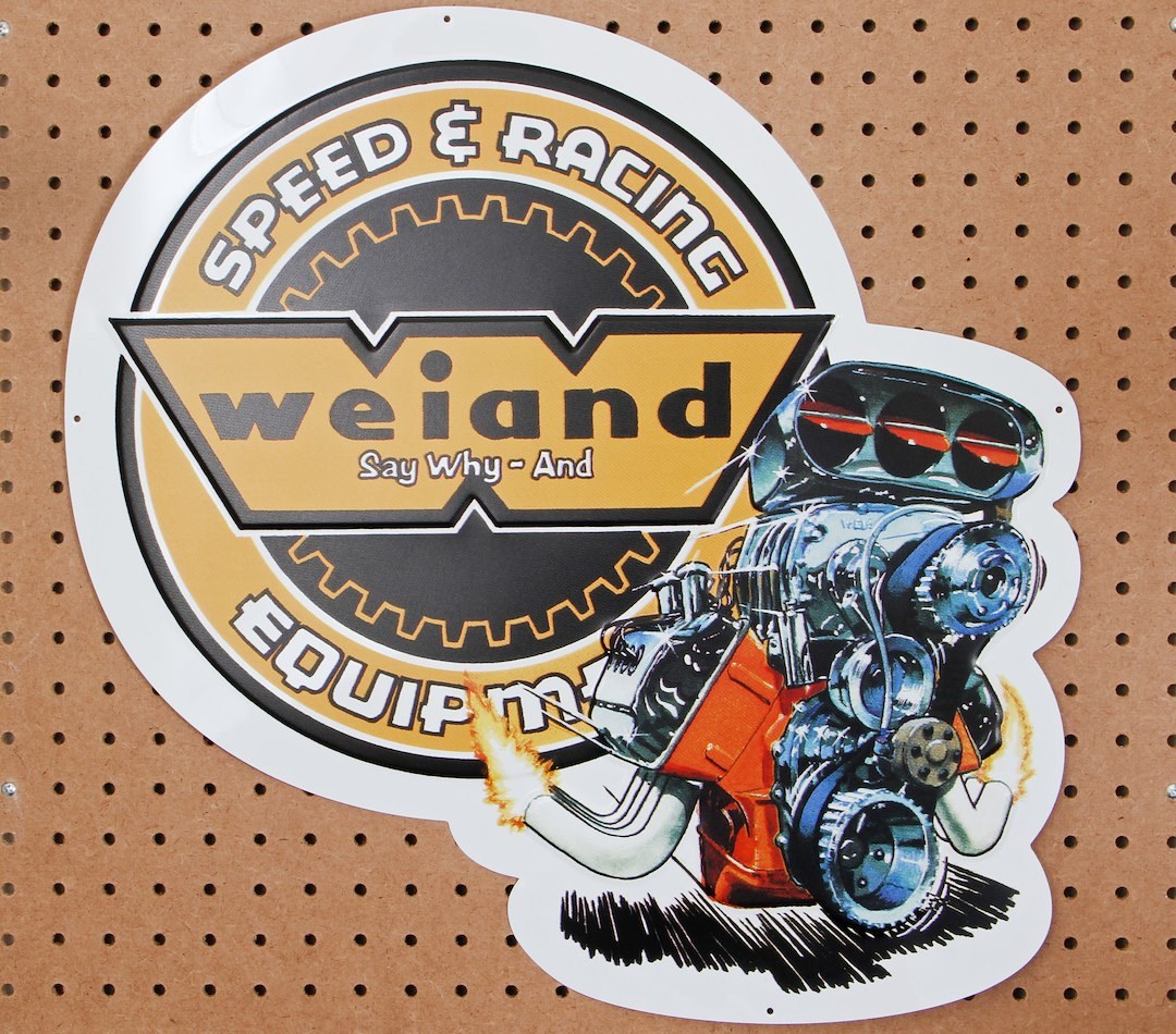 Weiand Sign, 20 Inch X 20 Inch, Retro Weiand Design, White/ Black/ Orange, Stamped Metal – 10001WND