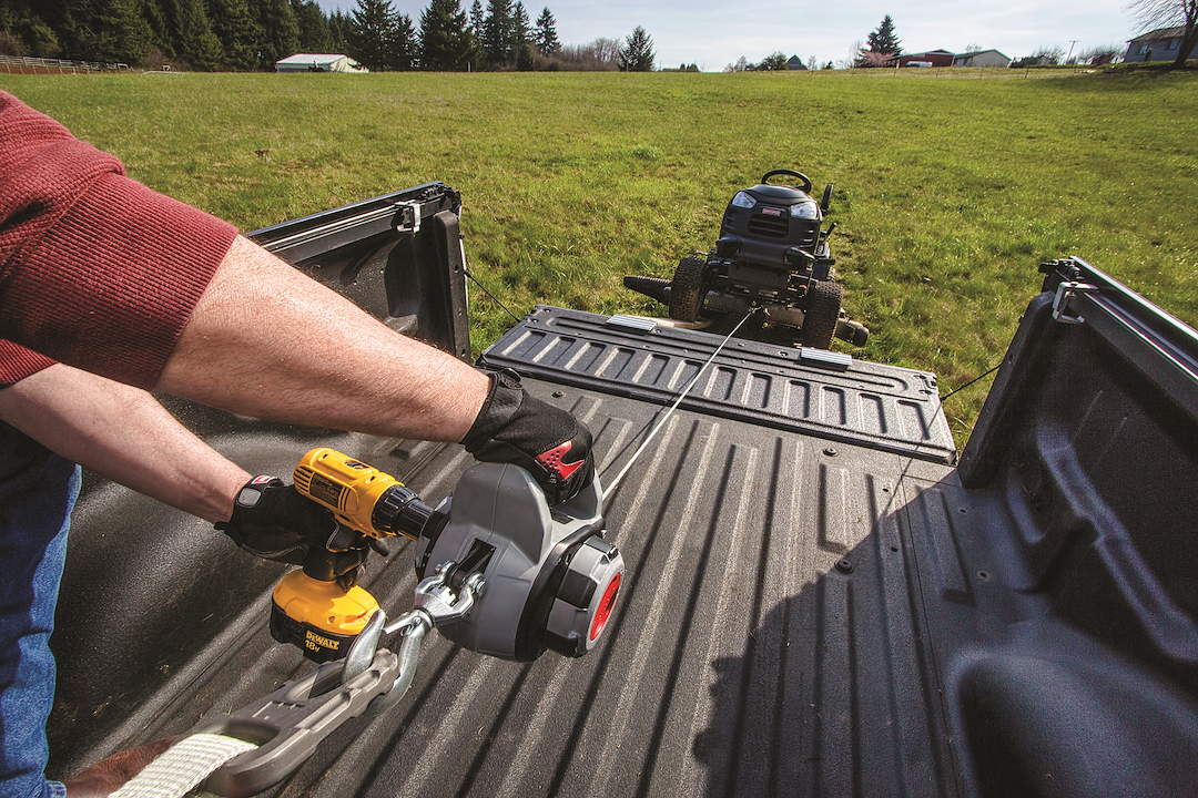 WARN Industries Winch, Portable, Powered by Standard Portable Drill, 750 Pound Line Pull Capacity, 40 Foot Wire Rope, Hawse Fairlead – 101570