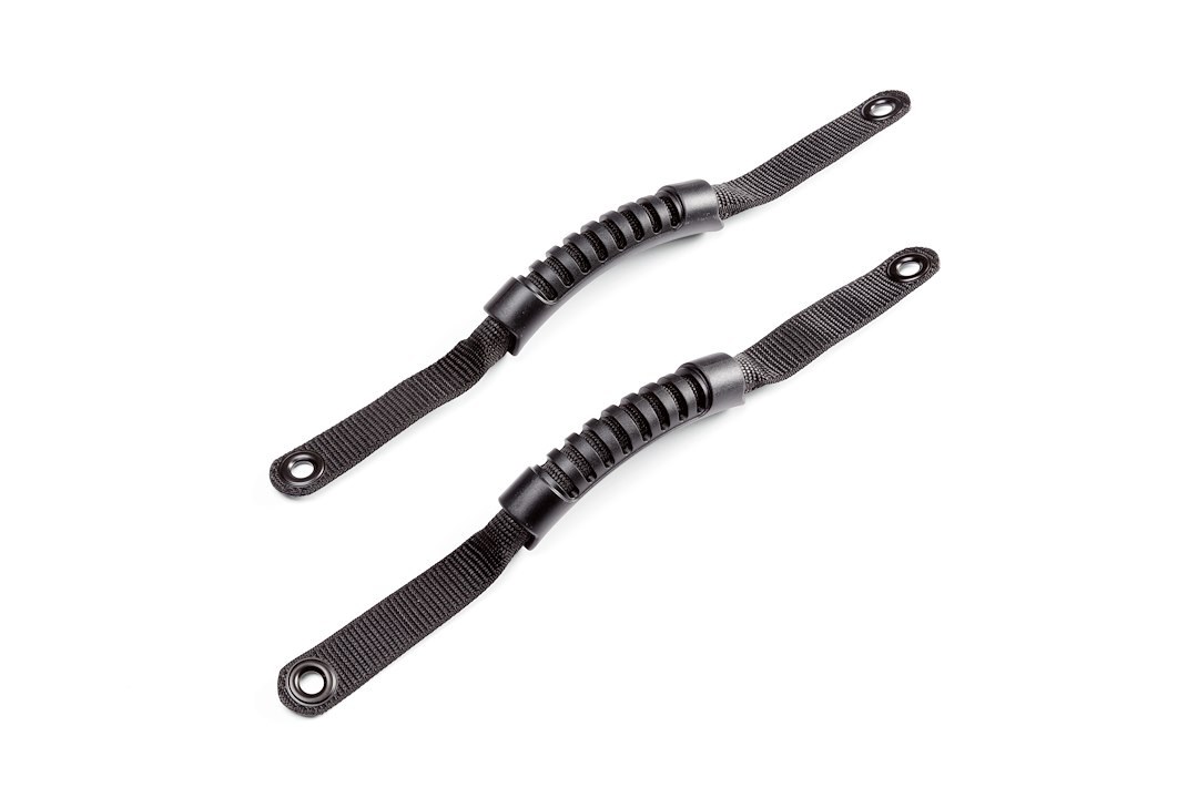 WARN Industries Interior Grab Bar, Black, Mounts to Windshield A-Pillar or Rear Roll Bar, Bolt on, Rubber Grips with Nylon Straps, Set of 2 – 102654
