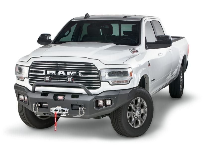 WARN Industries Bumper, Ascent, Angled Design, Direct-Fit, Mounting Hardware Included, Without Grill Guard, With Winch Mount – 104256