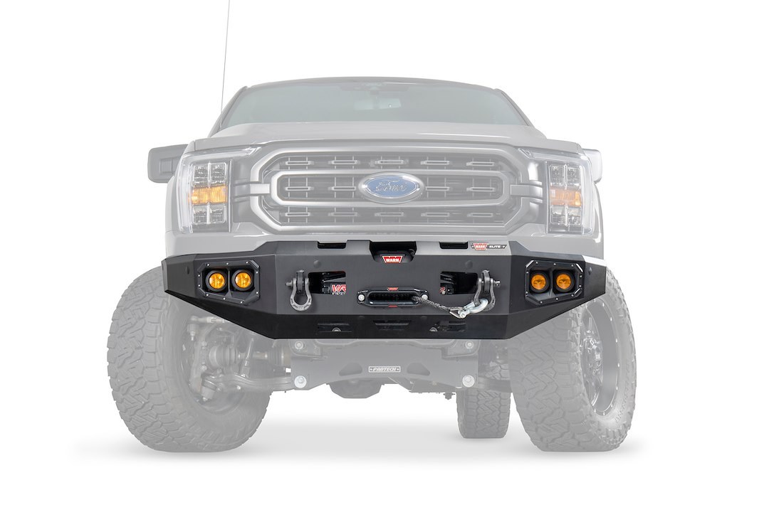 WARN Industries Bumper, Ascent, Angled Design, Direct-Fit, Mounting Hardware Included, Without Grill Guard, With Winch Mount – 107638