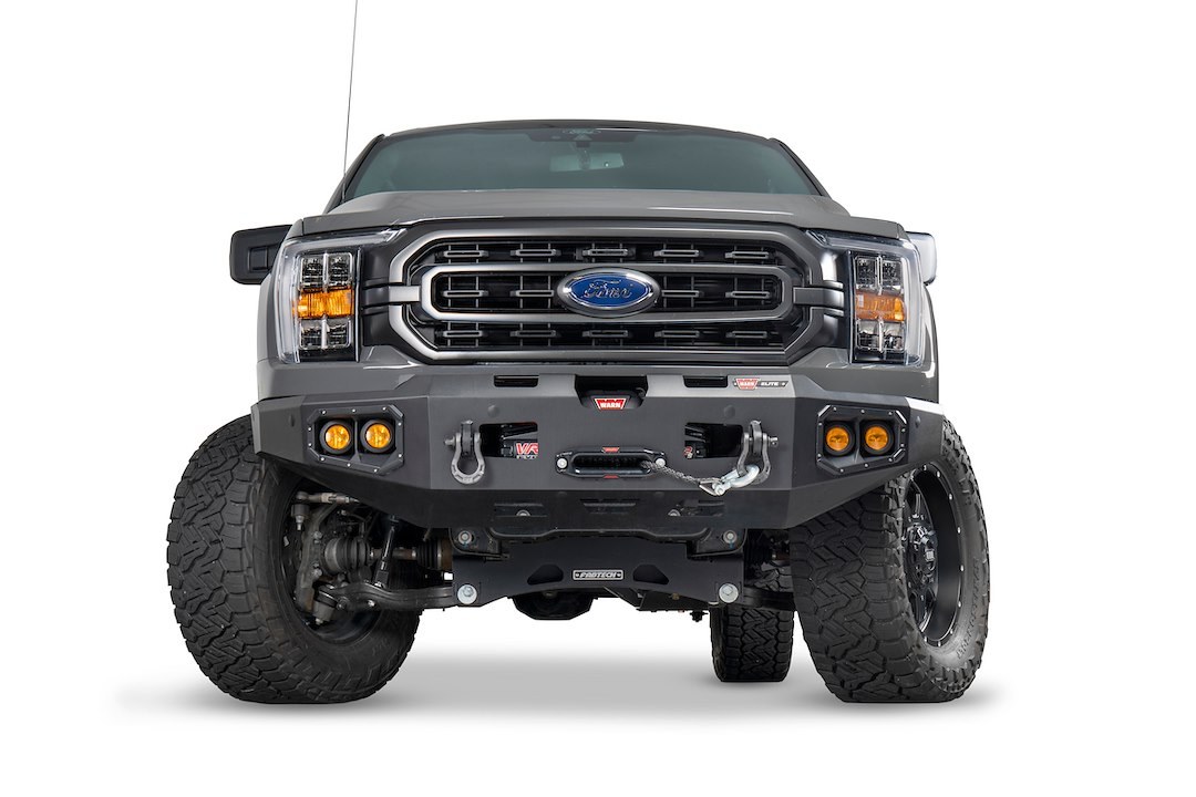 WARN Industries Bumper, Ascent, Angled Design, Direct-Fit, Mounting Hardware Included, Without Grill Guard, With Winch Mount – 107638