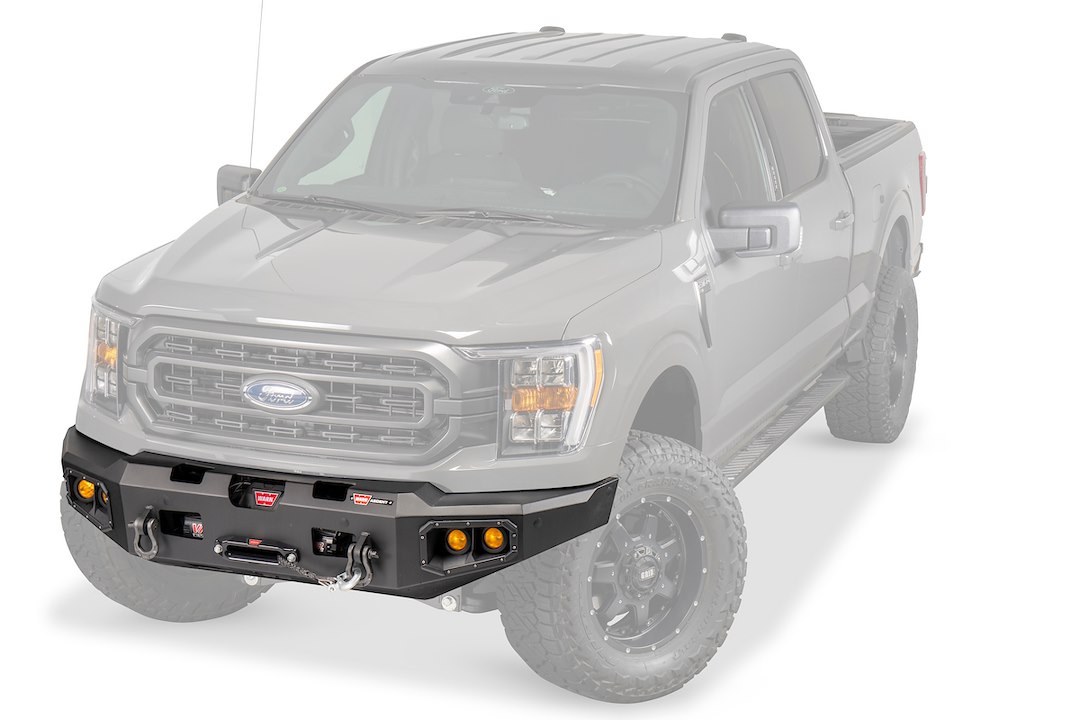WARN Industries Bumper, Ascent, Angled Design, Direct-Fit, Mounting Hardware Included, Without Grill Guard, With Winch Mount – 107638