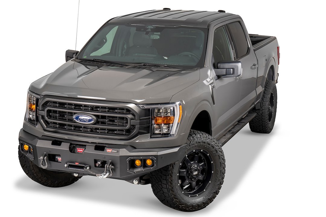 WARN Industries Bumper, Ascent, Angled Design, Direct-Fit, Mounting Hardware Included, Without Grill Guard, With Winch Mount – 107638