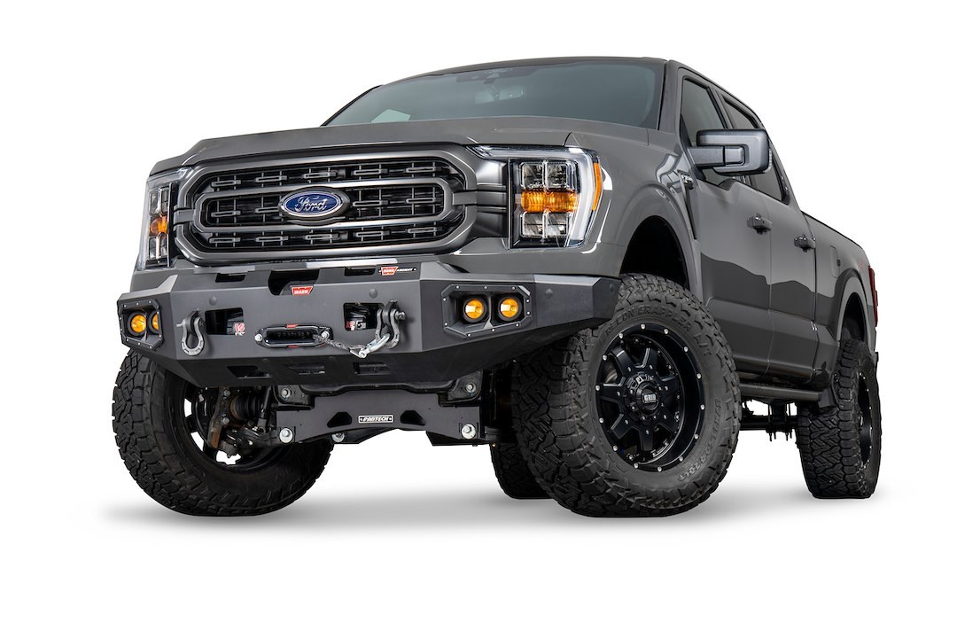 WARN Industries Bumper, Ascent, Angled Design, Direct-Fit, Mounting Hardware Included, Without Grill Guard, With Winch Mount – 107638
